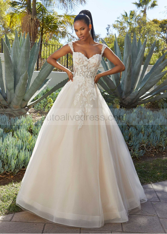 Beaded Lace Glitter Tulle Sheer Back Classic Wedding Dress Beaded Lace Glitter Tulle Sheer Back Classic Wedding Dress